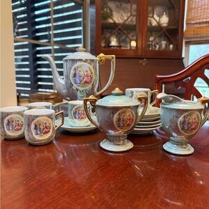 Vintage Japan Lusterware Tea Set Courting Couple Teapot Sugar Creamer 5 Cups